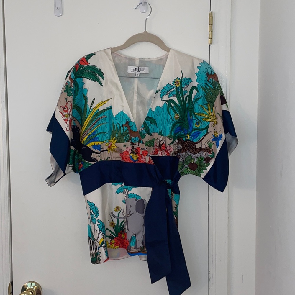 100% Silk Tibi Printed Wrap Top